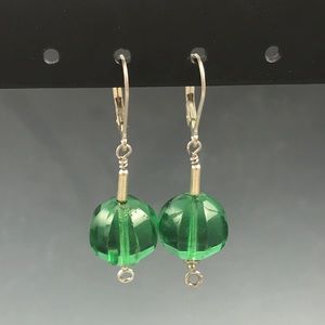 Fluted Green Glass Bead Dangle Earrings Leverback